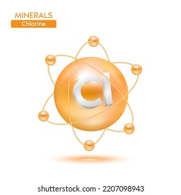 Átomo de cloro de minerales rodeado de electrones de color naranja. Icono 3D aislado en un fondo blanco. Conceptos científicos médicos. Ilustración EPS10 del vector 3D.