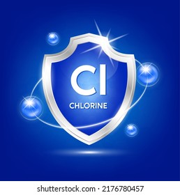 Minerals chlorine Cl shield with blue atom and vitamins complex. Protect the body stay healthy. For nutrition products food. Medical scientific concepts. Vector illustration.