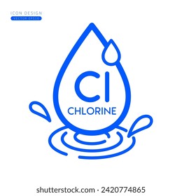 Minerals chlorine icon blue. Water drops splashing and waves isolated on white background. Symbol for use on advertising media. Form simple line for designing medical beauty products. Vector.