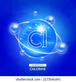 Minerals chlorine and vitamins complex for health. Capsule minerals blue for nutrition products food and drug. Scientific research medical concept. Isolated 3D Vector EPS10 illustration.