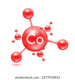 Minerals cobalt in the form of atoms molecules red glossy. Icon 3D isolated on white background. Minerals vitamins complex. Medical and science concept. Vector EPS10 illustration.