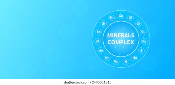 Minerals complex or Multivitamin nutrients necessary for health. Background banner blue with empty space for text. Used for ads dietary supplements and pharmacy. Medical science. Vector design.