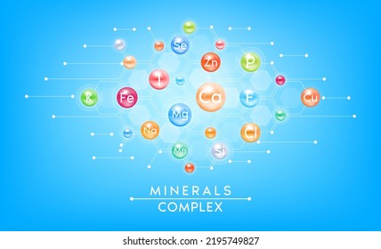 Minerals complex. Multivitamins capsules isolated on blue background. Dietary supplement for pharmacy clinic advertisement package design. Science medic concept. 3D vector EPS10.