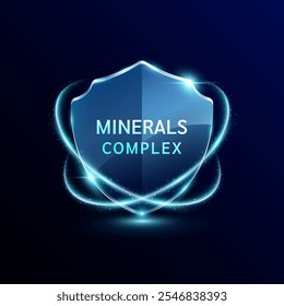 Minerals complex. Translucent glass shield modern surrounded by glowing ring safety guardian. Used for design dietary supplement products. Medical health care immunity protection concept. Vector.