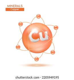 Minerals copper atom surrounded by electrons orange. Icon 3D isolated on a white background. Medical scientific concepts. 3D Vector EPS10 illustration.