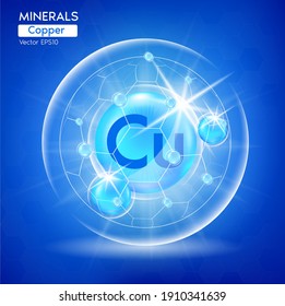 Minerals Copper for health. Pharmaceutical banner template Capsule with minerals blue. Scientific research medical and dietary supplement health care concept. 3D Vector EPS10