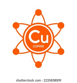 Icono de cobre de minerales en naranja átomo forma línea simple aislada en fondo blanco. Concepto de ciencia de símbolos médicos. Ilustración del vector EPS10.