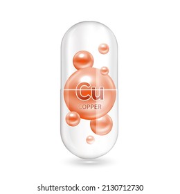 Minerals Copper and Vitamin inside capsule. Medical and dietary supplement health care concept. 3D Vector EPS10 illustration. Isolated on a white background.