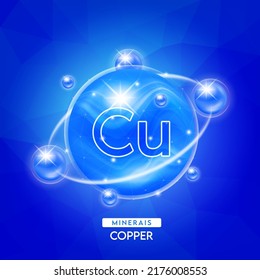 Minerals copper and vitamins complex for health. Capsule minerals blue for nutrition products food and drug. Scientific research medical concept. Isolated 3D Vector EPS10 illustration.