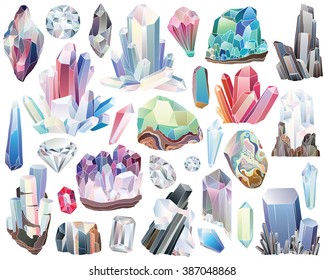 Minerals, Crystals, Gems, And Diamonds Isolated Vector Set