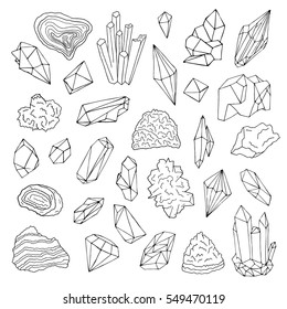 Minerals, Crystals, Gems Isolated Black And White Vector Illustration Hand Drawn Set.