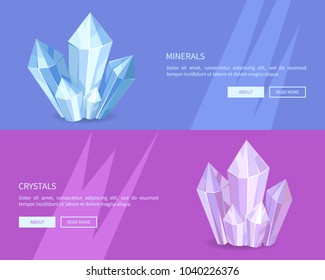 Minerals crystals web posters online push buttons, precious stones, realistic minerals and transparent crystals vector illustration natural resources