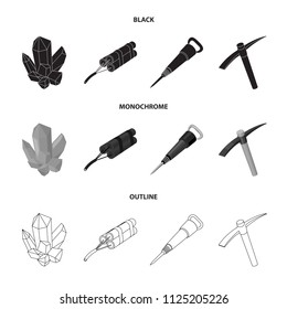 Minerals, explosives, jackhammer, pickaxe. Mining industry set collection icons in black, monochrome, outline style vector symbol stock illustration web.