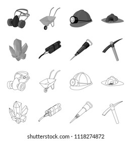 Minerals, explosives, jackhammer, pickaxe.Mining industry set collection icons in outline,monochrome style vector symbol stock illustration web.