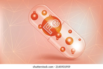 Minerals Ferrum, Fe, vitamin inside a translucent capsule, trace element, on a brown gradient geometric background, a pattern of triangles, lines and dots. Medical information poster.