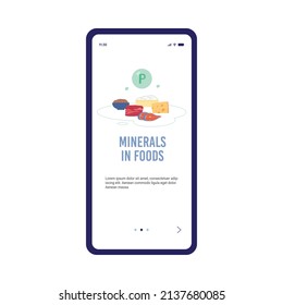 Minerals in foods banner for mobile phone app with products enriched with P nutrients, flat cartoon vector illustration. Onboarding page for diet and nutritionist.