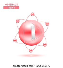 Minerals iodine atom surrounded by electrons pink. Icon 3D isolated on a white background. Medical scientific concepts. 3D Vector EPS10 illustration.