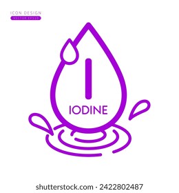 Icono de yodo mineral morado. El agua cae a salpicaduras y las olas están aisladas en un fondo blanco. Símbolo de uso en medios publicitarios. Formar una línea simple para diseñar productos de belleza médica. Vector.