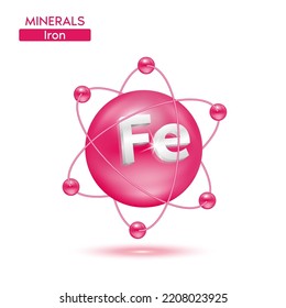 Minerals iron atom surrounded by electrons pink. Icon 3D isolated on a white background. Medical scientific concepts. 3D Vector EPS10 illustration.