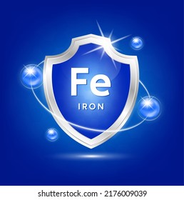 Minerals iron Fe shield with blue atom and vitamins complex. Protect the body stay healthy. For nutrition products food. Medical scientific concepts. Vector illustration.