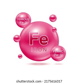 Minerals Iron ferrous (FE+2), ferric (Fe+3) and Vitamin for health. Medical and dietary supplement health care concept. 3D Vector EPS10 illustration. Isolated on a white background.