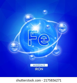 Minerals Iron ferrous (FE+2), ferric (Fe+3) and Vitamins complex for health. Capsule minerals blue for nutrition products food and drug. Scientific research medical concept. 3D Vector EPS10.