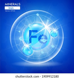 Minerals Iron for health. Pharmaceutical banner template Capsule with minerals blue. Scientific research medical and dietary supplement health care concept. 3D Vector EPS10