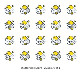 Minerals line icons. Food supplements capsules, Multivitamin pills and Healthy nutrition set. Chemistry minerals, aluminium capsules and calcium vitamins line icons. Magnesium and zinc pills. Vector