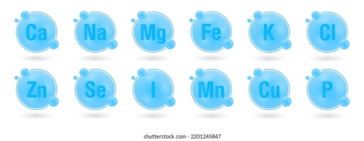 Minerals. Macrominerals and microminerals set, collection. Ca, Na, Mg, Fe, Cl, K, Zn, Se, I, Mn, Cu, P. Nutrition illustration. Dietary elements. Minerals for life. Vector