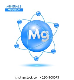 Minerals magnesium and atom surrounded by electrons blue. Icon 3D isolated on a white background. Medical scientific concepts. 3D Vector EPS10 illustration.