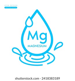 Minerals magnesium icon blue. Water drops splashing and waves isolated on white background. Symbol for use on advertising media. Form simple line for designing medical beauty products. Vector.