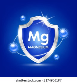 Minerals magnesium Mg shield with blue atom and vitamins complex. Protect the body stay healthy. For nutrition products food. Medical scientific concepts. Vector illustration.