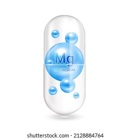 Minerals  Magnesium and Vitamin inside capsule translucent. Medical and dietary supplement health care concept. 3D Vector EPS10 illustration. Isolated on a white background.