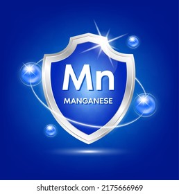 Minerals manganese shield with blue atom and vitamins complex. Protect the body stay healthy. For nutrition products food. Medical scientific concepts. Vector illustration.
