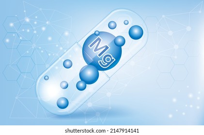 Minerals Mg, magnesium, vitamin inside a translucent capsule, macronutrient, dietary supplement on a blue gradient background, medical information poster. Vector illustration