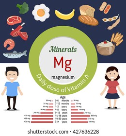 Minerals Mg and vector set of minerals Mg rich foods. Healthy lifestyle and diet concept. Magnesium. Daily doze of minerals Mg.