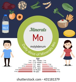 Minerals Mo and vector set of minerals Mo rich foods. Healthy lifestyle and diet concept. Daily dose of minerals of molybdenum.