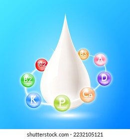 Minerals nutrients and vitamins complex ring surrounds the milk droplets. Essential amino acids for body health. Products design supplement food. Milk drop 3D realistic isolated. Vector EPS10.