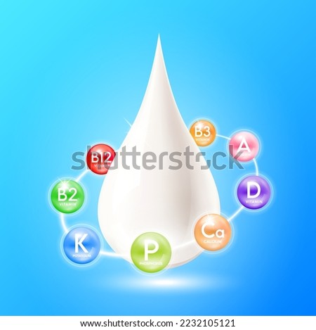 Minerals nutrients and vitamins complex ring surrounds the milk droplets. Essential amino acids for body health. Products design supplement food. Milk drop 3D realistic isolated. Vector EPS10.