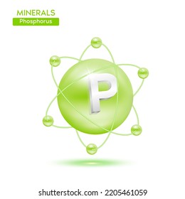 Minerals phosphorus atom surrounded by electrons green. Icon 3D isolated on a white background. Medical scientific concepts. 3D Vector EPS10 illustration.