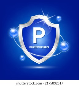 Minerals phosphorus shield with blue atom and vitamins complex. Protect the body stay healthy. For nutrition products food. Medical scientific concepts. Vector illustration.