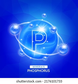 Minerals phosphorus and vitamins complex for health. Capsule minerals blue for nutrition products food and drug. Scientific research medical concept. Isolated 3D Vector EPS10 illustration.