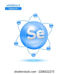 Minerals selenium and atom surrounded by electrons blue. Icon 3D isolated on a white background. Medical scientific concepts. 3D Vector EPS10 illustration.