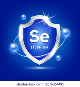 Minerals selenium Se shield with blue atom and vitamins complex. Protect the body stay healthy. For nutrition products food. Medical scientific concepts. Vector illustration.