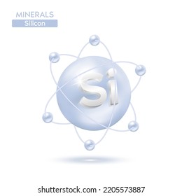 Minerals silicon atom surrounded by electrons silver. Icon 3D isolated on a white background. Medical scientific concepts. 3D Vector EPS10 illustration.