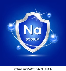 Minerals sodium shield with blue atom and vitamins complex. Protect the body stay healthy. For nutrition products food. Medical scientific concepts. Vector illustration.