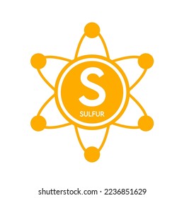 Icono de azufre de minerales en naranja átomo forma línea simple aislada en fondo blanco. Concepto de ciencia de símbolos médicos. Ilustración del vector EPS10.