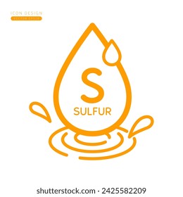 Minerals sulfur icon orange. Water drops splashing and waves isolated on white background. Symbol for use on advertising media. Form simple line for designing medical beauty products. Vector.