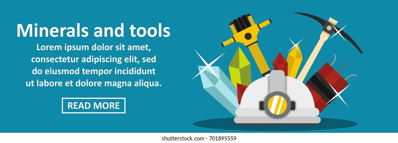 Minerals and tools banner horizontal concept. Flat illustration of minerals and tools banner horizontal vector concept for web
