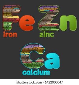 Minerals and trace elements/microelements in food - legumes, grains, seafood, nuts, fruits and vegetables. Healthy eating. Iron, zinc, calcium.